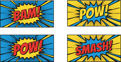 Comic book pop art explosion text set vector with bam pow smash sound effects isolated on white background © pappa