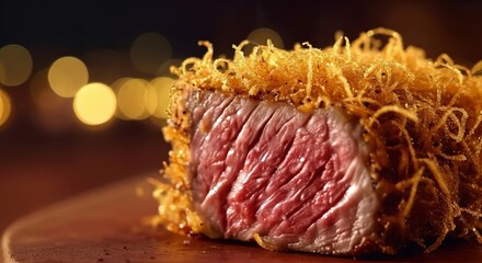 Juicy gourmet steak with crispy topping served on a wooden board with bokeh lights