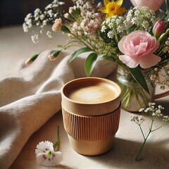 Coffee cup with latte art next to fresh flowers on a table with fabric cloth in a cozy setting in the morning. Generative AI