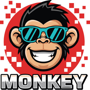 Cool monkey mascot logo vector illustration with sunglasses smiling face modern cartoon character isolated on white background