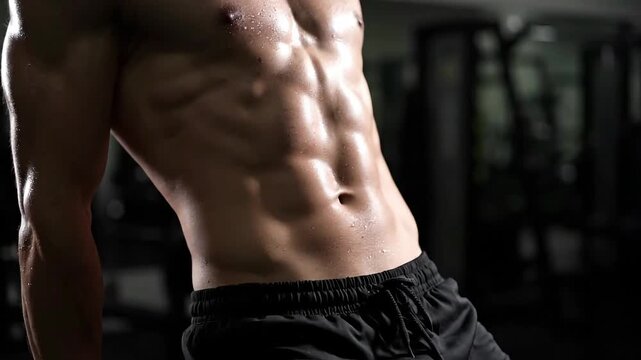 Man's muscular core, highlighting sculpted abdominal muscles and a powerful physique achieved through rigorous training and dedication