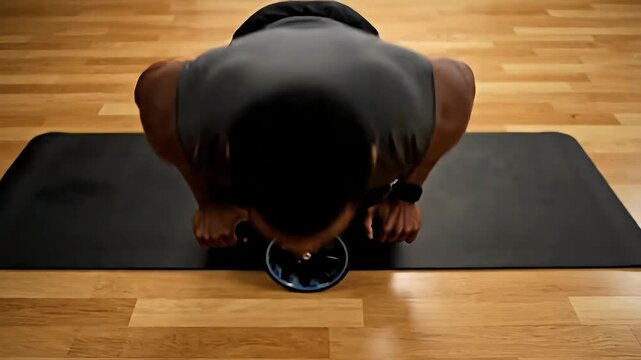 Dynamic workout in progress a determined person uses an ab wheel on a mat, building core strength and enhancing stability for peak fitness