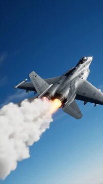F-15 Fighter Jet Afterburner Takeoff. Military Jet High-Speed Low Angle Shot. Powerful Aircraft Afterburner Ignition in Flight.
