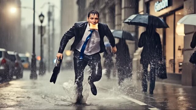 Businessman dashing through rainy city with determination and energy