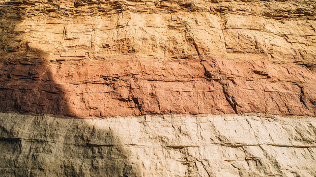 bedrock. Geological rock layers exposed in a quarry wall, textured stone patterns in earth tones. event key visuals, club posters, designed for fitness apps and gym onboarding.
