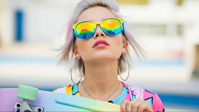 Vibrant style and colorful skateboard adventure with trendy sunglasses