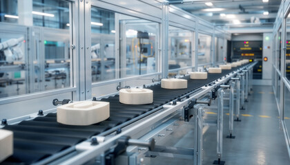 Naklejka premium Automated assembly conveyor with generic components, smart manufacturing and logistics concept