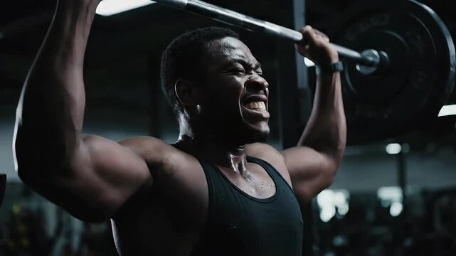 A determined Black man exerting maximum effort while lifting weights in a gym, showcasing strength and dedication to fitness