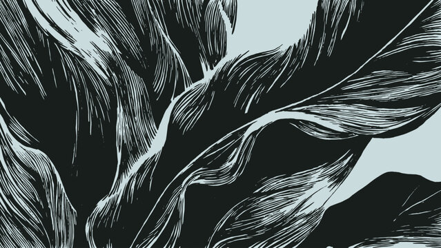 Elegant hand drawn tropical foliage with intricate white etching on a dark background. A bold, high-contrast botanical close-up featuring sophisticated textures and organic linework.