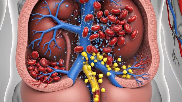 Detailed Medical Illustration of Kidney Function and Kidney Stones Formation.