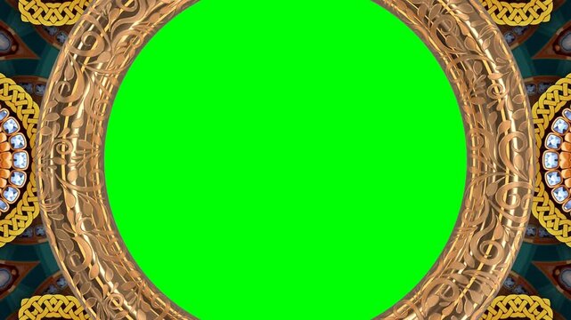 A vibrant green screen background with intricate golden patterns and colorful designs, ideal for chroma keying in productions