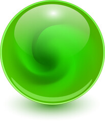 Glass marble ball with spiral shape, green shiny sphere with interesting marble pattern.