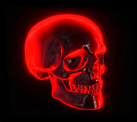 Human skull on black background, skull icon in red glowing color.