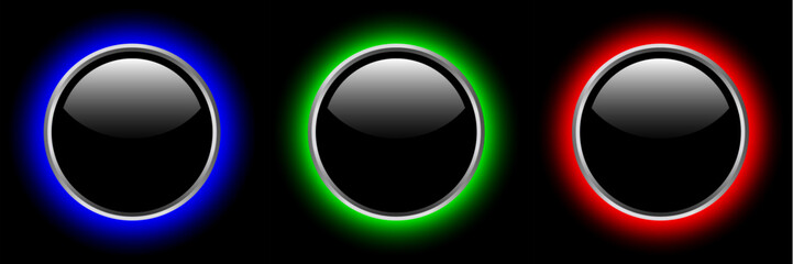 Black glass buttons with a neon color glow, navigation shiny buttons set for website.