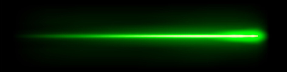 Green laser beam, moving light streak ray, glowing comet light flare.