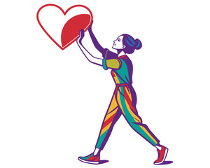 Fototapeta premium Empowered Woman Holding Heart Silhouette, Love and Humanity Vector Illustration