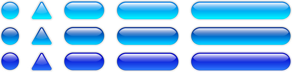 Blue buttons set isolated, shiny glass navigation panel for website.