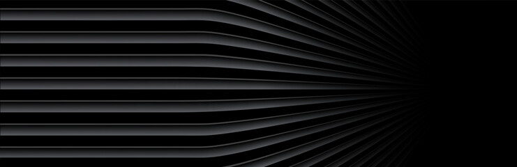 Dark black banner with wavy striped pattern, 3D abstract minimalistic background with copy space.