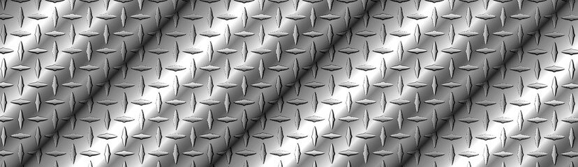 SIlver banner with diamond plate pattern, shiny steel metal sheet texture industrial background.