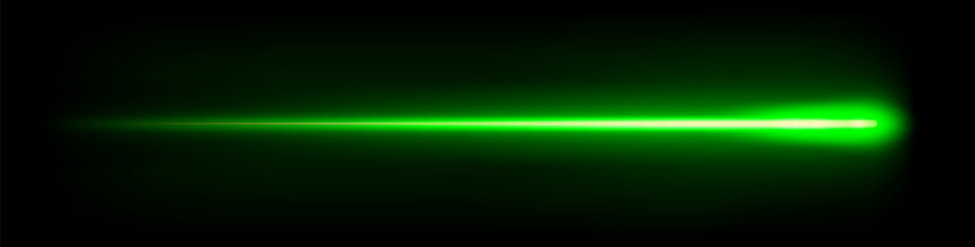 Green laser beam, moving light streak ray, glowing comet light flare.