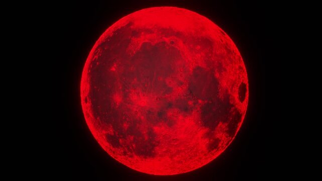 Red moon rotating on black background, bloody full moon concept, 4K seamless background animation.
