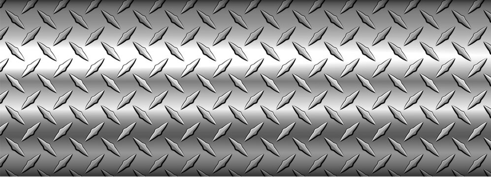 SIlver banner with diamond plate pattern, shiny steel metal sheet texture industrial background.