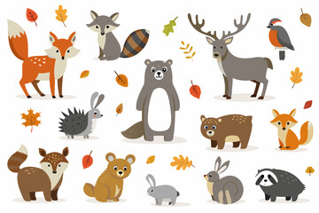 Fototapeta premium Charming autumn forest animals foxes bears deer rabbits and more