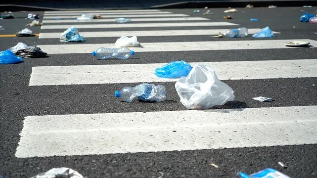 Discarded Plastic Bags on Crosswalk Street.