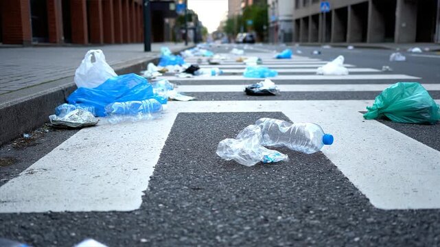 Discarded Plastic Waste on City Crosswalk.