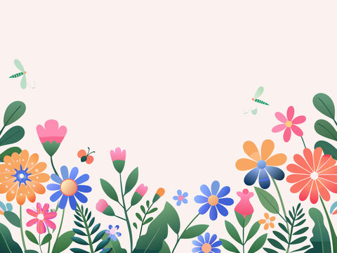 Floral arrangement with colorful flowers leaves and insects on a light background