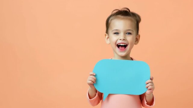 A joyful child hides behind a speech bubble, expressing happiness and creativity in a vibrant setting.