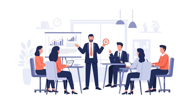 Business professionals engaged in a meeting discussion around a table with a presenter standing and addressing the team