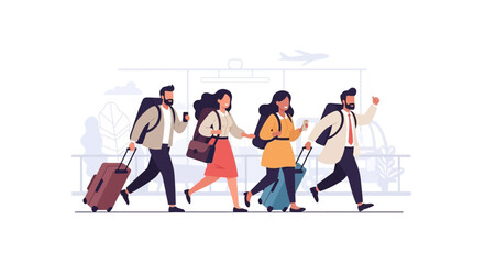 Fototapeta premium Group of travelers walking together at an airport with luggage and mobile devices