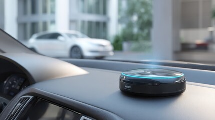 Compact robotic cleaner operating smoothly on a car dashboard using sensors to navigate and remove dust in an automated interior cleaning process.