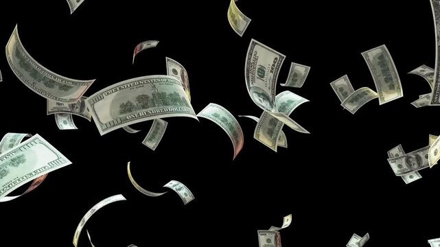 Falling US dollar bills and coins money rain financial growth background dark