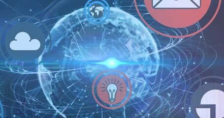 Sunset cityscape with digital icons symbolizes global connectivity. - Powered by Adobe