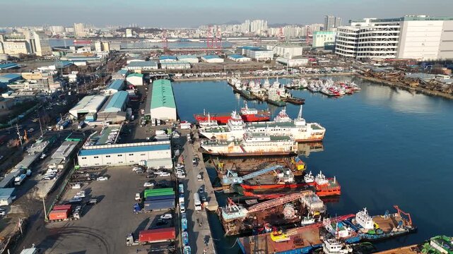 Drone footage, Coastal pier,  Port, Incheon, South Korea