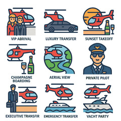 Helicopter travel icons: vip arrival, luxury transfer, sunset takeoff