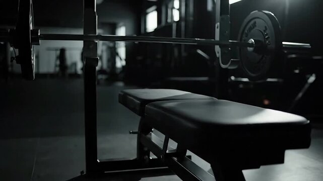 A weightlifting bench stands alone in a dimly lit gym for strength training exercises indoors