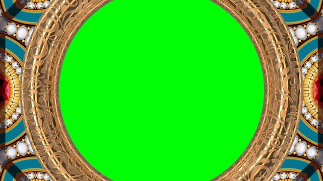 A vibrant green screen surrounded by an ornate golden frame with intricate designs and patterns