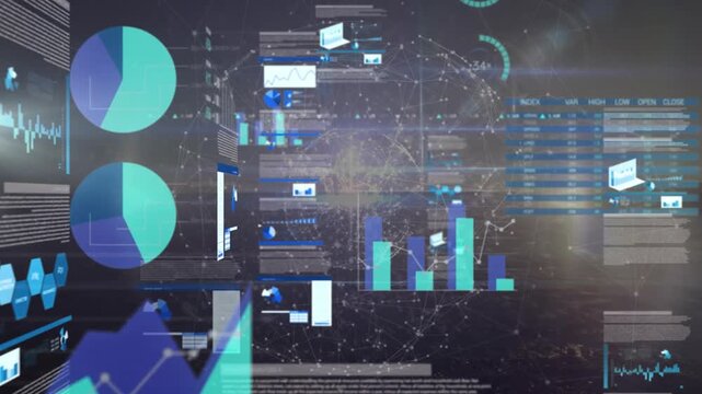 Animation of infographic interface and connected dots with lines forming globes against lens flares