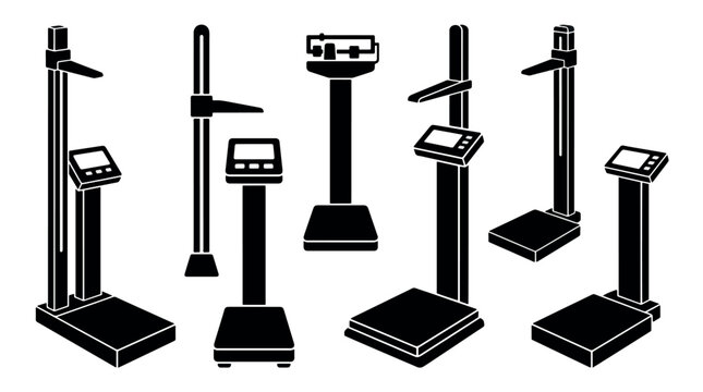 Collection of various medical scales and height measuring devices in silhouette.