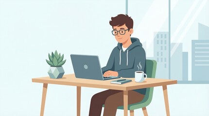 A man sits at a desk with a laptop and coffee in a modern office setting.