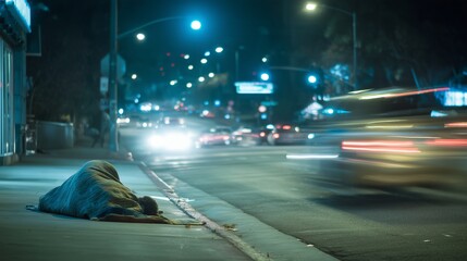 Person sleeping in a street sheltering under a blanket on a sidewalk at night, conveying urban homelessness and street marginalization.