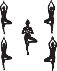 Fototapeta premium Yoga Pose Silhouette Set Vector Woman Meditation and Tree Pose Collection.