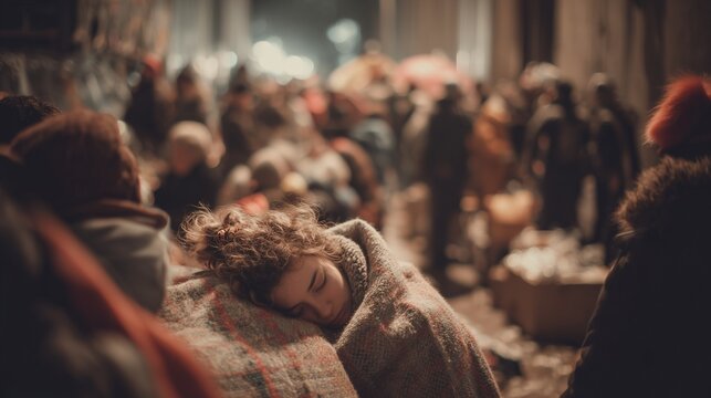 Sleeping person wrapped in blanket amid crowded shelter, conveying urban homelessness, vulnerability, and communal refuge in a city shelter.