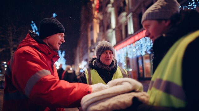 Volunteer handing blanket to person in need during night outreach, symbolizing community service homelessness and warmth.
