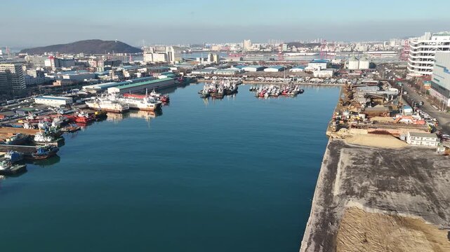 Drone footage, Coastal pier,  Port, Incheon, South Korea
