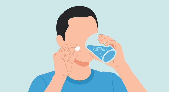 Man Taking Medication Holding Pill, Drinking Water Illustration