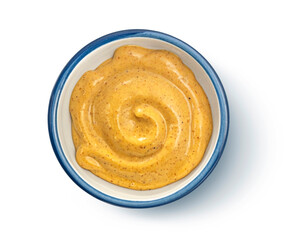 Mustard sauce top view isolated on white background, full depth of field